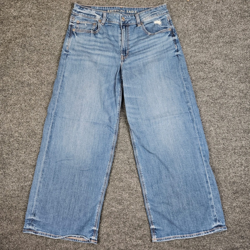 American Eagle Low Rise Baggy Wide Leg Jeans Women's 8 SHORT Med Wash Stretch